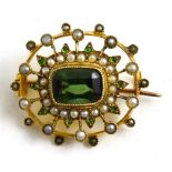 A seed pearl and green stone brooch