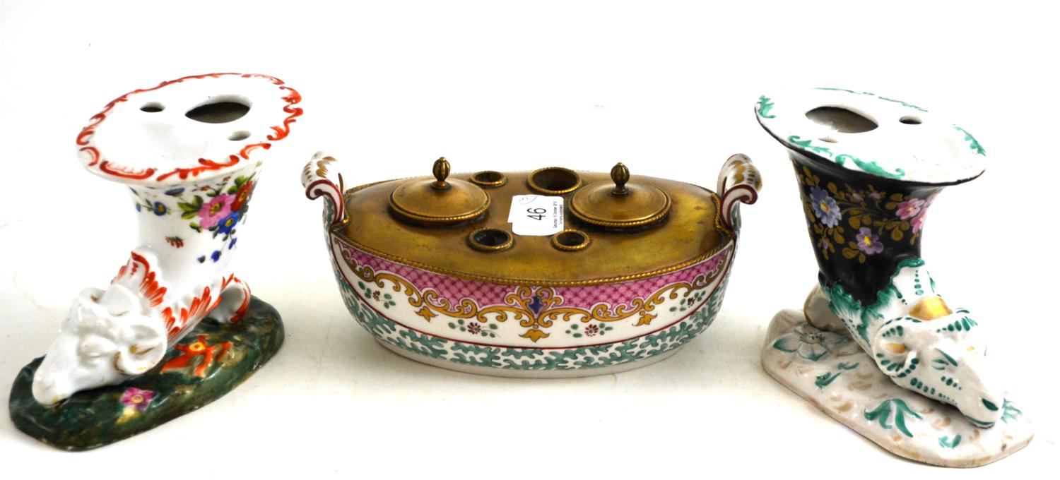 A Samson of Paris style dish and two Continental porcelain cornucopia vases