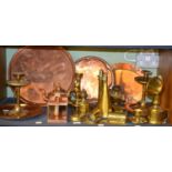 Pair of WMF hammered brass candlesticks, brassware, copper circular trays, etc