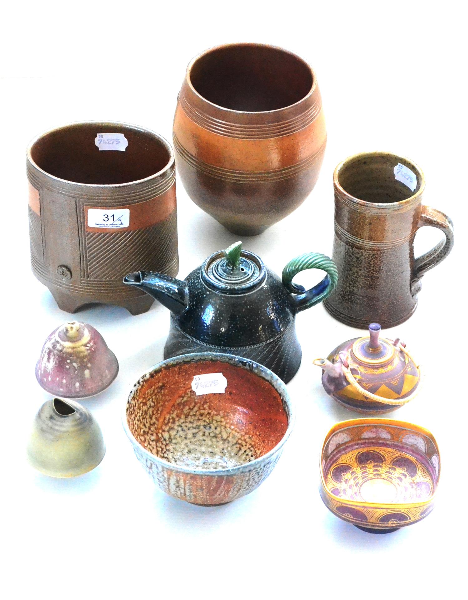 Two studio pottery vases by Ruth King, teapot and mug by Jane Hamlyn, a Mary Rich teapot and bowl, a