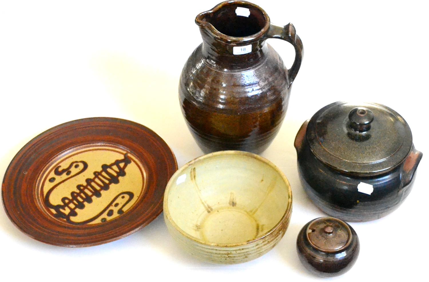 A Richard Wilson Wenford Bridge pitcher, a Ray Finch, Winchcombe Pottery lyre decorated charger; and