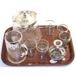 Silver mounted glass biscuit jar and cover, liqueur set with silver mounts to the jug and glasses,