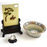 A Chinese porcelain basket, a small dish and a Chinese hardstone table screen and stand