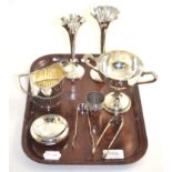 Small tray of assorted silver and other items including a pair of spill vases, circular snuff box