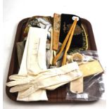 A quantity of assorted handbags, gloves, early 20th century ivory notepad etc