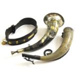 Two 19th century horns and a dog collar