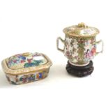 A 19th century Canton famille rose soap dish and twin handled covered cup of similar date  Twin-