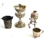 Continental and Asian silver - a goblet, vase on tripod stand, a small embossed basket with swing