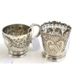 A pierced and embossed small silver vase and an embossed silver Christening cup