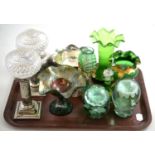 Two Victorian green glass dumps, coloured glassware, pair of plated table candlesticks with cut