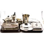 Plated wares including entree dishes, tea set, muffin dish and a small silver footed bowl (on two