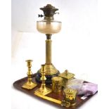 A group of 19th century brass including candlesticks, inkwell, salt and pepper, etc