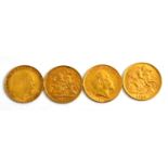 Four half sovereigns; 1913, 1910, 1908 and 1907