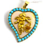 A turquoise and enamel cherub brooch/pendant, a cherub over an iridescent peach enamel, within a