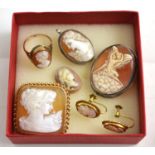 A 9ct gold cameo brooch, 9ct gold cameo ring, pair of 9ct gold cameo earrings together with two