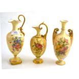 Three pieces of Royal Worcester blush ivory  Large ewer - 23.5cm high, vase - 21cm high, small