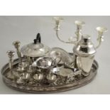 A tray including silver candlesticks and a quantity of plated wares