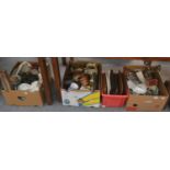 Seven boxes of assorted household, china, metalware, framed prints, topographical prints, books,