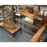 Quantity of assorted occasional furniture including piano stools, oak trolley, wall shelves, large