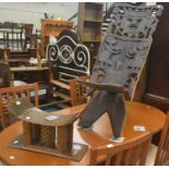 A South African carved wooden tribal chief's chair together with an Ashanti low stool (possibly from