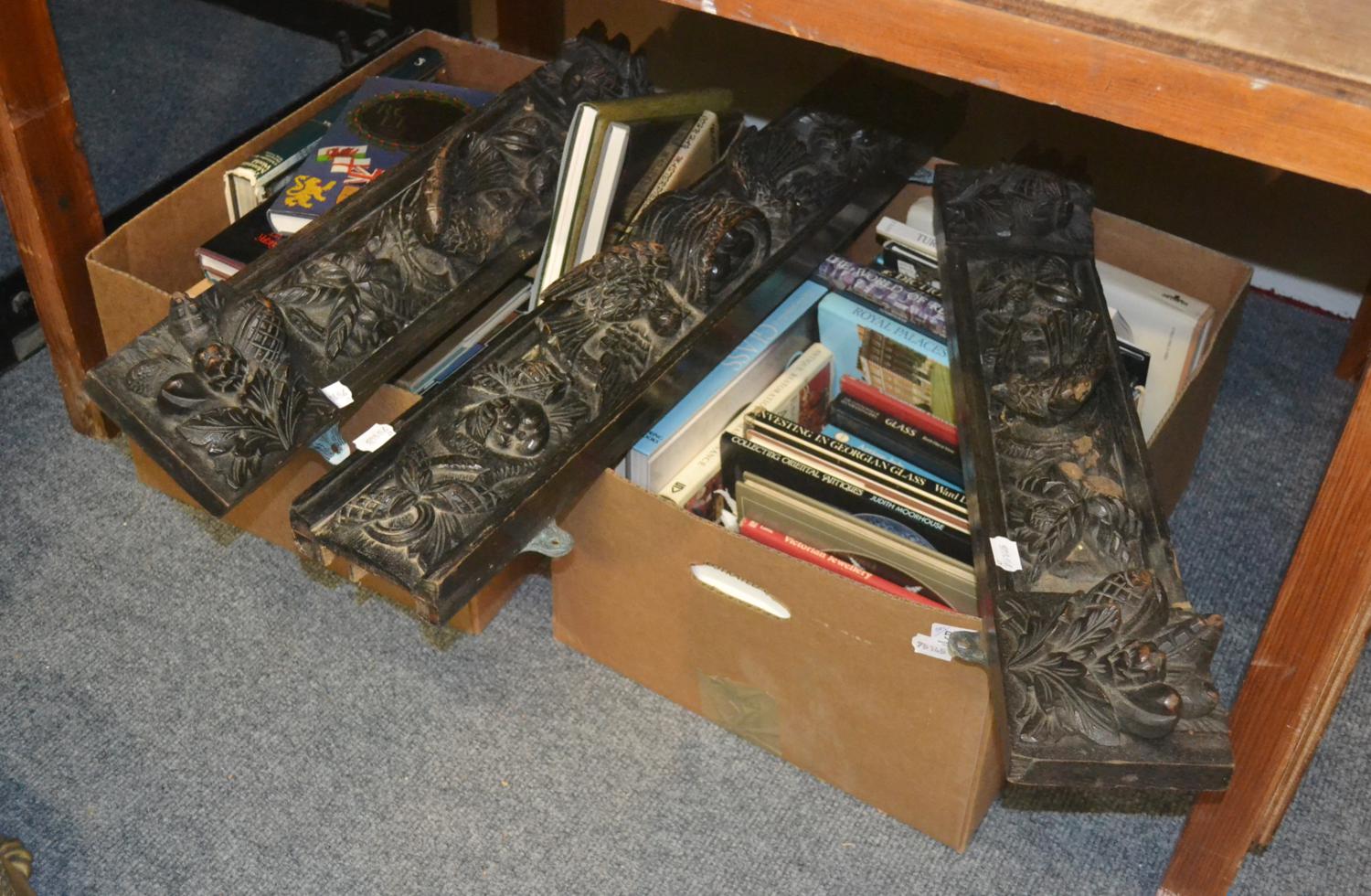 Three carved oak panels and two boxes of assorted volumes including antique reference