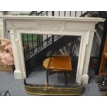 George III brass curb, a quantity of metal wares, oak tray and an Edwardian table