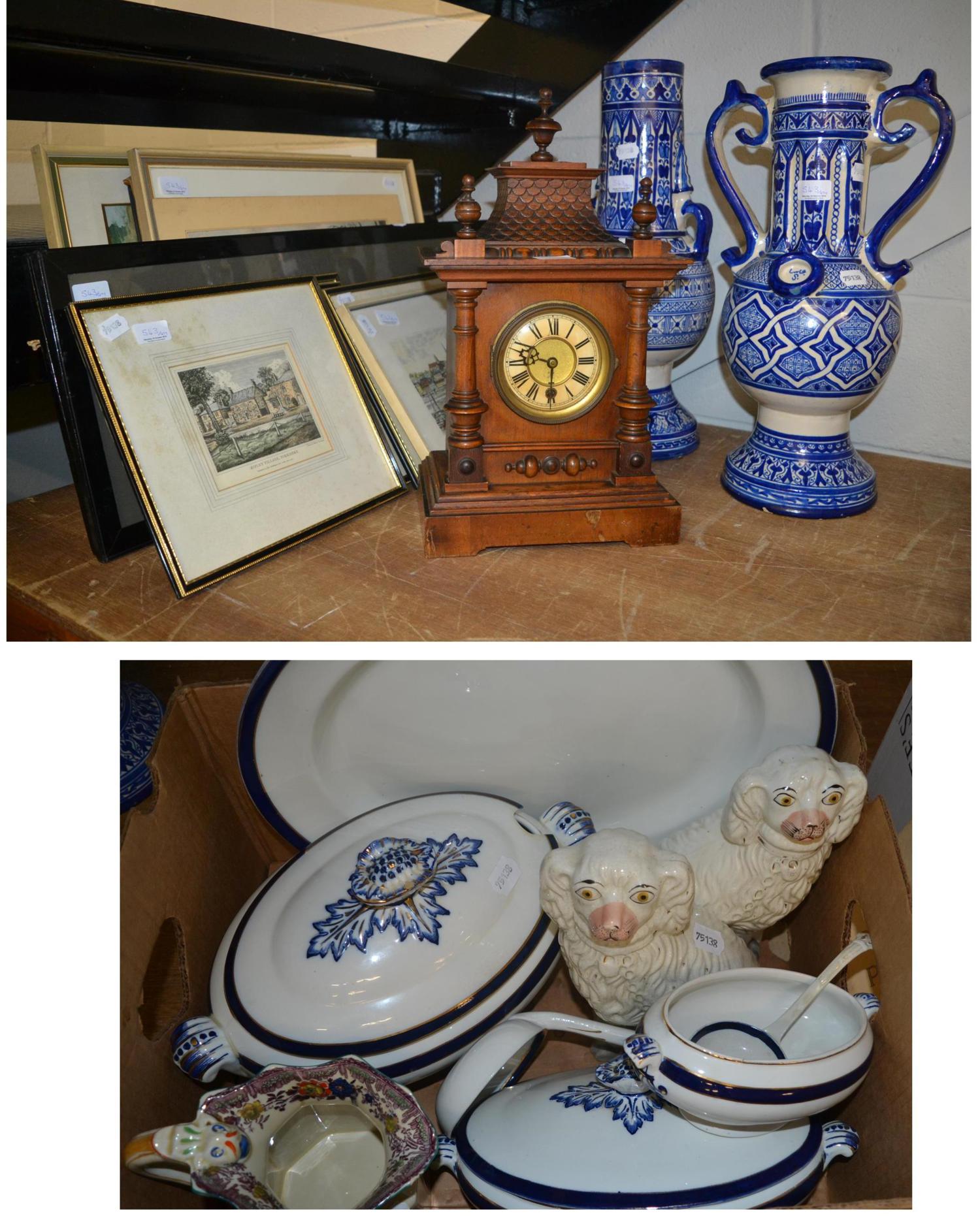 Two large Moroccan pottery blue and white vases, a pair of pottery dogs, Masons jug, blue and