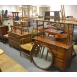 Two spindle back rush seated chairs, tripod table, mahogany dining chair, two mahogany chest of