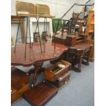 A mahogany inlaid dressing table, a reproduction dining table and two caned bar stools