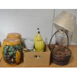 Pair of Japanese pottery garden seats, pair of pottery lamps, large silvered modern table lamp and