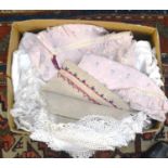 Assorted Victorian and later white cotton undergarments, lace trims, linens etc (one box)