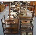 Mahogany tripod occasional table, two wall mounted shelves and two oak open bookcases