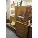 Oak firescreen with woolwork insert, three oak stools, waste paper basket, child's chair, coffee