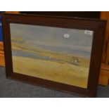 Framed pastel of figures on a beach, indistinctly signed