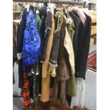 Assorted costume including Frank Usher evening dress, musquash fur coat, stole, velvet skirt and