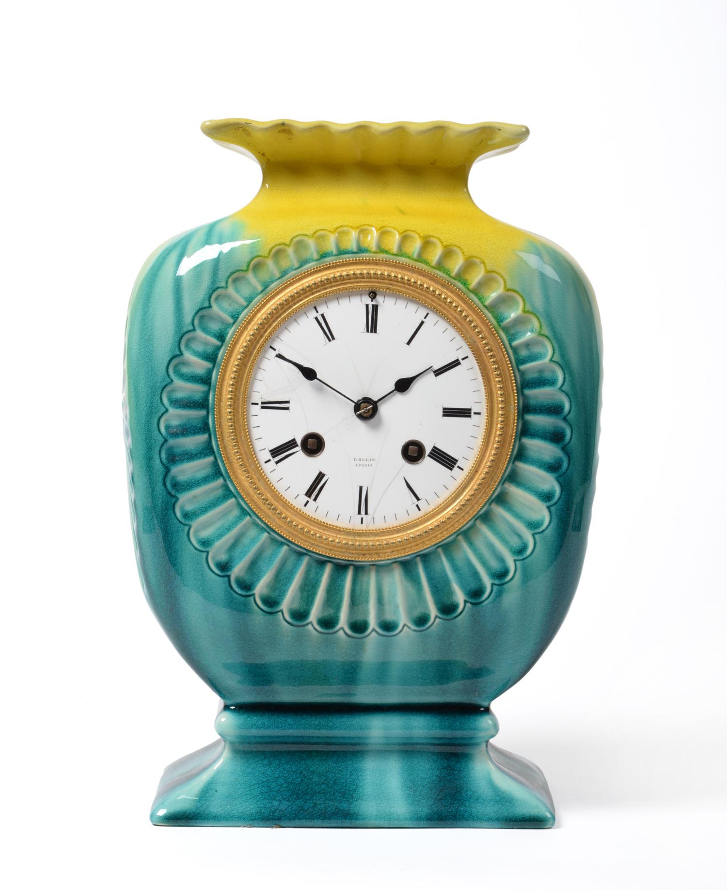 1789 A Linthorpe Pottery Mantel Clock Case, turquoise and yellow glaze, with French striking