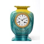 1789 A Linthorpe Pottery Mantel Clock Case, turquoise and yellow glaze, with French striking