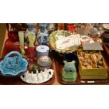 Two trays of decorative ceramics and glass