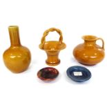 A Dunmore Pottery Bottle Vase, mustard glaze, partial mark, 19cm; and Four Other Pieces (5)