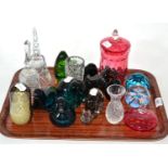 Tray of glassware including a pair of Victorian cranberry jars and covers