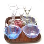 A tray including three Vaseline glass finger bowls, four Georgian cordial glasses and a cranberry