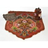 Wool and beadwork banner, silver mesh evening purse and mahogany three tier bobbin stand (3)