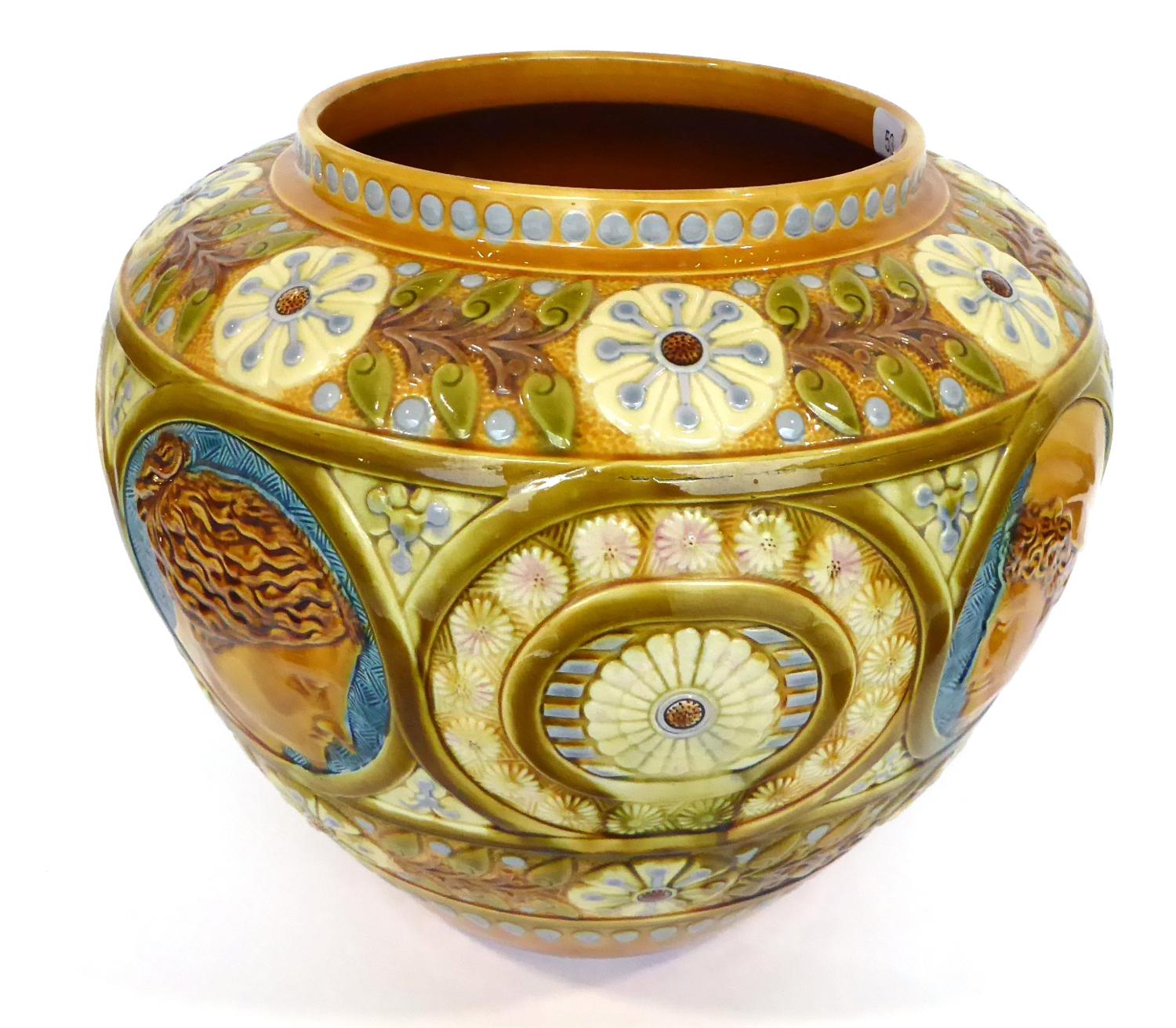 2277 A Linthorpe Pottery Jardiniere, shape No.2277, painted by Florence Minto, with moulded flower