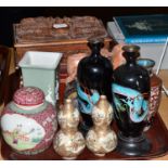 A tray of Oriental items including two Japanese lacquer boxes, a carved wooden Chinese box, a