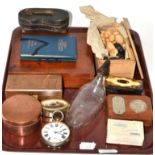 A tray of collectables including paint box, Goliath pocket watch, chess set, dominoes, etc