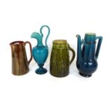 647 954 1888 1977 Four Linthorpe Pottery Jugs, turquoise, green and runny glazes, impressed