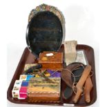 Assorted coins and notes, champagne tap (in original box), brass mounted corkscrew, stamps, two