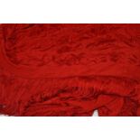 Large Chinese floral embroidered red silk shawl with tassel trim, 160cm square Small stitched repair