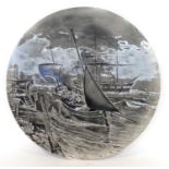 A Burmantofts Faience Pottery Circular Plaque, moulded with a frigate and a fishing boat in a