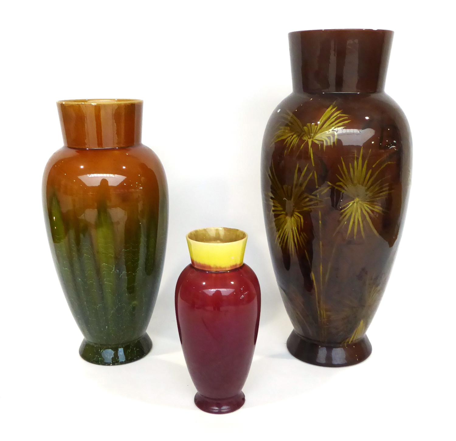 477 876 877  Three Linthorpe Pottery Vases, shape 477, painted by Rachel Smith with yellow flowers